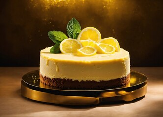 Lemon cheesecake with lemon slices and sauce on a plate