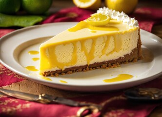 Lemon cheesecake with lemon slices and sauce on a plate