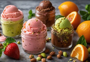 Scoops of multi-colored ice cream decorated with pieces of fruits berries and nuts