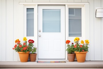 Fototapeta na wymiar flower pots decorating each side of a white door