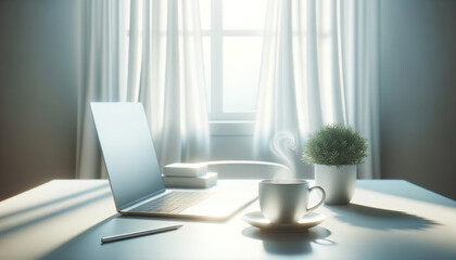 Fototapeta premium Serene morning workspace. AI generated.