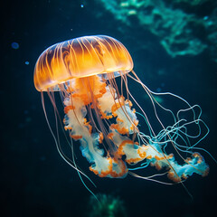 jellyfish, sea, ocean, underwater, jelly, water, animal, orange, medusa, marine, life, tentacles, jelly fish, deep, sting, aquatic, nature, danger, floating, wildlife, creature, swim