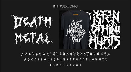 Death metal typhography font with gothic extremal lettering darkened apocaliptic and hardcore letters