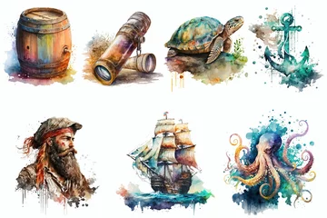 Photo sur Plexiglas Crâne aquarelle Set of Pirates and Ocean Watercolor Illustration. Hand-drawn illustration isolated on white background in boho style.