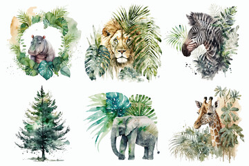 Safari Animal set hippopotamus, lion, zebra, elephant, giraffe in watercolor style. Isolated illustration - obrazy, fototapety, plakaty