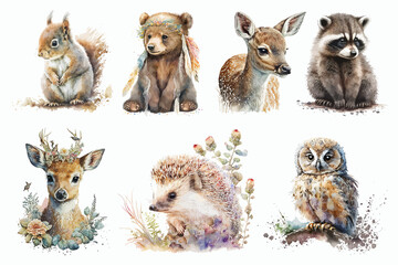 Safari Animal set deer, fox, raccoon, hedgehog, squirrel, bear in watercolor style. Isolated  illustration