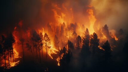 Fototapeta na wymiar Raging and terrifying forest fire with thick plumes of heavy smoke billowing into sky engulfing forest area, atmosphere of chaos and tragedy, fiery inferno consumes serene forest