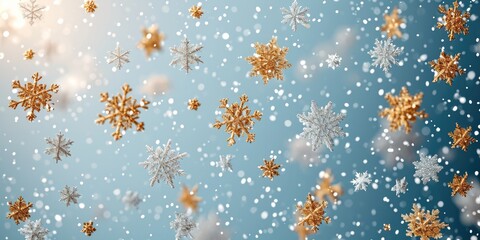 Golden snowflakes of the correct shape fall from the sky on a light blue background. Generative AI.