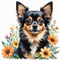 Watercolor black and tan chihuahua dog with flowers around