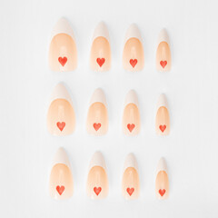 realistic set of colored false nails adhesive isolated on white background. top view. false nails...