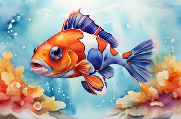 Watercolor illustration of colorful exotic tropical fish. AI generated