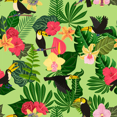 vector drawing seamless pattern with tropical birds, flowers and leaves, hand drawn natural background with toucans, jungle cover design