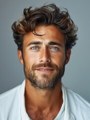 Portrait of a happy man on a light background. Generative AI.