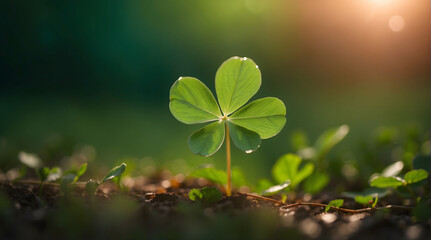 St. Patrick's Day, clover leaf in lens flare for Valentine background, green clover leaf in the forest