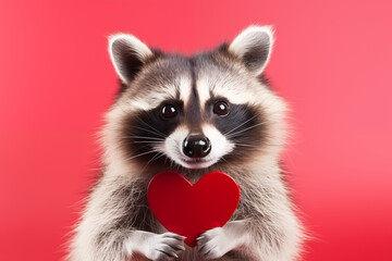 Obraz premium Cute happy raccoon smiling and holding a red heart, Valentines day background, Looking for girlfriend, Isolated on a rad studio background, Isolated on red background, Love concept