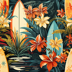  Seamless  pattern surf board beach and palms background. Drawing illustration for fabric, print,decoration, banner, and wallpaper.
