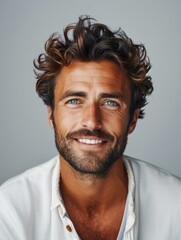 Obraz premium Portrait of a happy man on a light background. Generative AI.