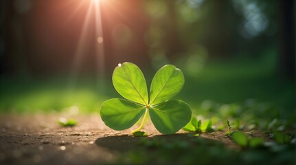clover leaf in lens flare for Valentine background, green clover leaf in the forest, St. Patrick's Day - obrazy, fototapety, plakaty