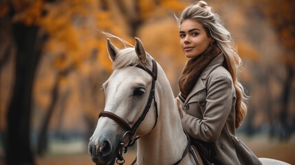 Obraz premium A girl on a horse during a walk in the park. Generative AI.