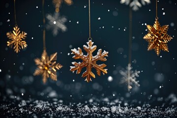Golden snowflakes of the correct shape fall from the sky on a dark background. Generative AI.