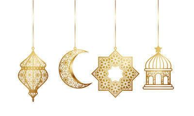 Set of hanging Islamic golden decoration. Realistic clipart vector