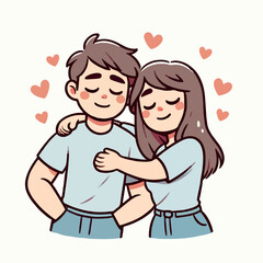 vector characters of a couple hugging themselves in a simple and minimalist flat design style