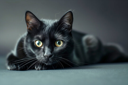 Beautiful, adorable black cat with shiny beautiful fur lying on the floor with big expressive yellow eyes close-up staring at the camera on cnr background. Copy space.