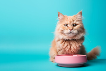 Cat eating food from bowl. Big Ginger feline sitting near pink cat food bowl on a blue studio background with copy space. Kitten's feeding. Hungry pet wants to eat. Domestic animals