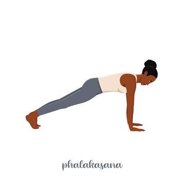 Woman doing plank pose exercise or Phalakasana. Flat vector illustration isolated on white background