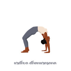 Woman doing online home workout. Body positive. Attractive woman. Urdhva Dhanurasana, Upward Bow or Wheel Pose. Flat vector illustration isolated on white background