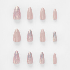 realistic set of colored false nails adhesive isolated on white background. top view. false nails...