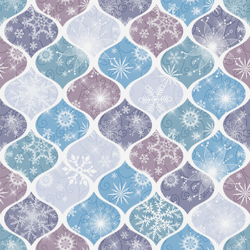 Seamless christmas geometric pattern of shapes with winter pattern with doodle snowflakes in retro colors. Vector image