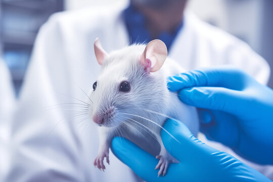 Veterinarian Petting a Rat. Veterinary Examining. Cropped Image. Professional Caring Doctor with a Stethoscope Holding a White Mouse. Healthy Pet. Check Up Visit in Modern Vet Clinic