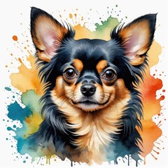 Watercolor black and tan chihuahua dog with watercolor splashes