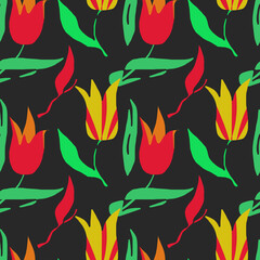 Seamless pattern with red and yellow tulips on dark background