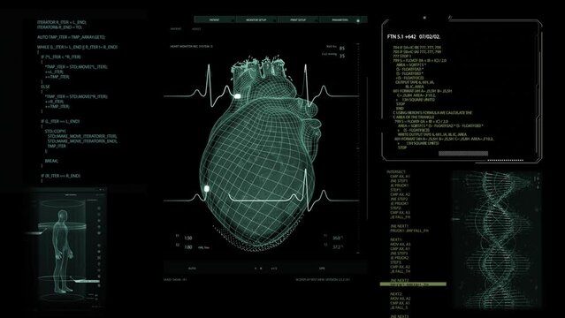 Health Monitoring Medical Software Interface For Doctors and Clinics. Dark Screen Replacement with Heart Activity Monitoring 3D Model. User Interface for Vital Organ Visualisation