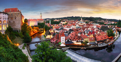 Panoramic aerial view over the old Town of Cesky Krumlov, Czech Republic. UNESCO World Heritage Site.