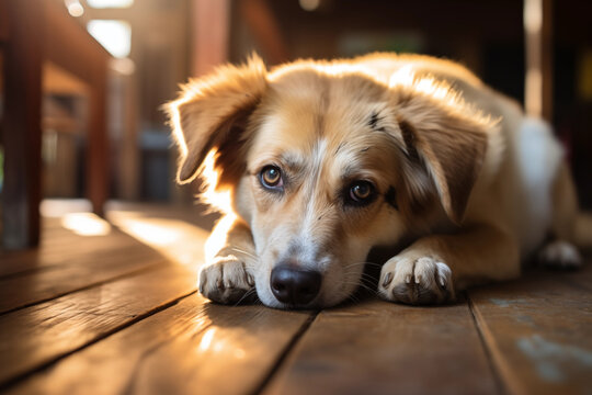 Cute dog lying on the floor and looking at camera. Muzzle with big eyes close up. Portrait of tired dog resting on a wooden floor at home. Adorable domestic pet concept. Fluffy puppy