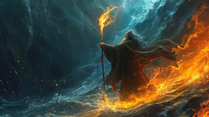 The elemental mages staff glowed with a vibrant energy as he chanted ancient incantations, calling upon the elements to aid him in the ultimate battle of magic and willpower. Fantasy art - obrazy, fototapety, plakaty