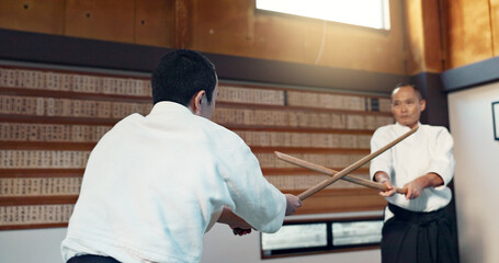 Asian man, taekwondo and training with wooden sticks for martial arts, fighting or sparring partner...