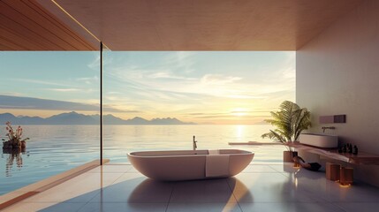 Infinity pool bathroom, water seamlessly merging with the horizon, creating an illusion of endless space