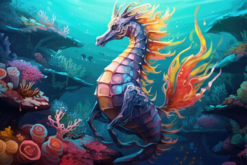 Fototapeta na wymiar Illustration of a colorful sea dragon, gracefully floating among coral reefs