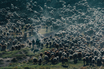 Sheep herders and their flocks go to pasture in the dust. - obrazy, fototapety, plakaty