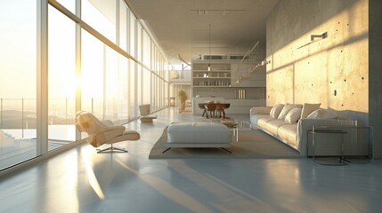 Naklejka na ściany i meble Sunlight streams through floor-to-ceiling windows, illuminating a minimalist living room with sleek geometric furniture and textured accent walls