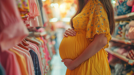 A pregnant woman chooses clothes for a newborn in a store.