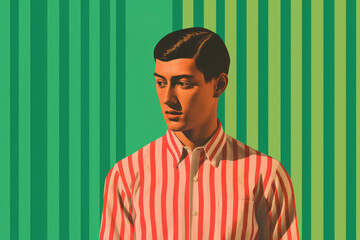 Fototapeta premium Illustration of a man with a watermelon green-striped shirt, on a blurred green and red background