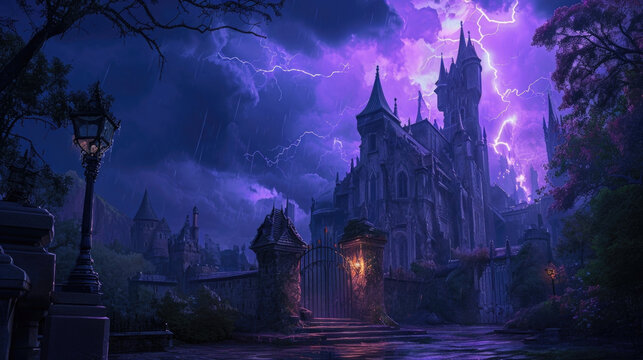 Thunder crashed and lightning struck, illuminating the castles grand entrance with an eerie violet light, hinting at the dark secrets that lie within. Fantasy art