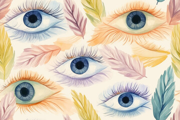 Seamless pattern of closed human eyes, watercolor style with soft pastel tones