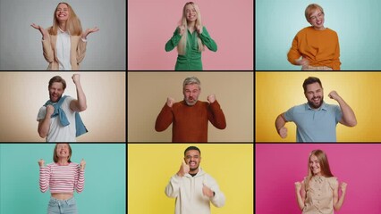 Collage of happy people men women portraits different ages gender, ethnicity celebrating success victory, winning birthday, lottery jackpot achievement, play game, good positive news. Zoom out effect