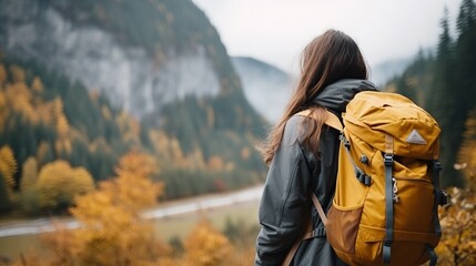 Rear view of a woman walking up a mountain.woman with backpack travels in the mountains